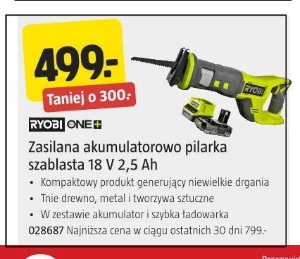 Zasilana akumulatorowo pilarka szablasta Ryobi ONE+ promocja w Jula