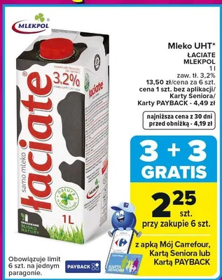 Mleko UHT łaciate 3,2% promocja w Carrefour