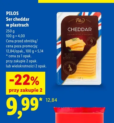 Ser cheddar w plastrach Pilos promocja w Lidl