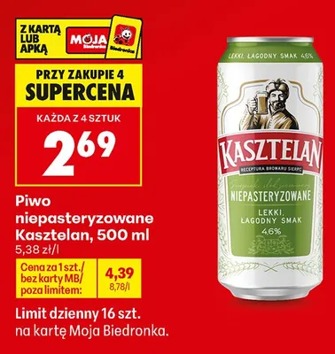 Piwo Kasztelan Niepasteryzowane promocja w Biedronka