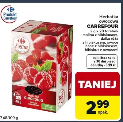 Herbatka owocowa malina z hibiskusem, dzika róża z hibiskusem Carrefour promocja w Globi