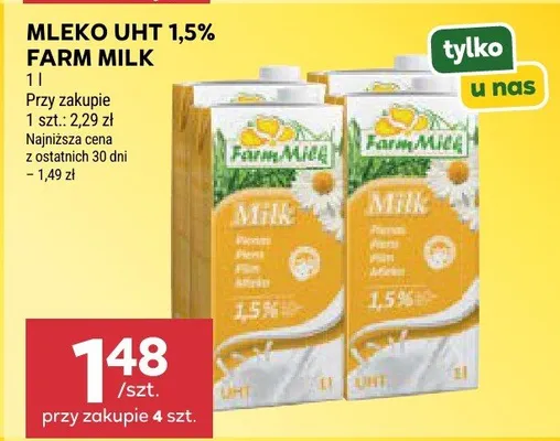 Mleko UHT 1,5% Farm Milk promocja w Stokrotka