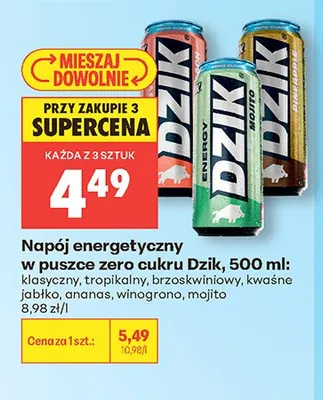 Napój energetyczny w puszce zero cukru Dzik brzoskwiniowy promocja w Biedronka