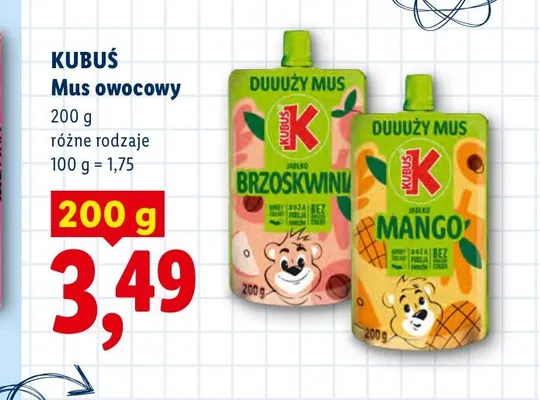 Mus owocowy jabłko brzoskwinia Kubuś promocja w Lidl