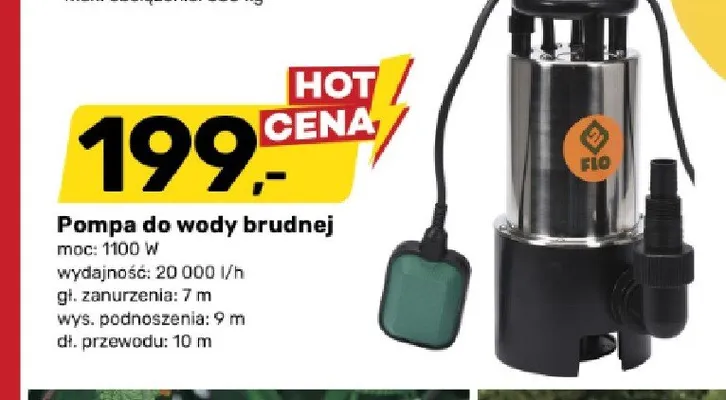 Pompa do wody brudnej FLO moc 1100W wydajność 20000l/h gł. zanurzenia 7m wys. podnoszenia 9m dł. przewodu 10m promocja w Bricomarche