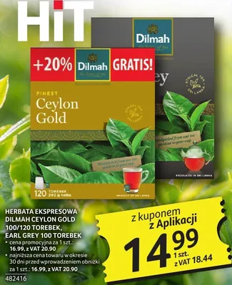 Herbata ekspresowa Dilmah Ceylon Gold 100/120 torebek Earl Grey Yogi torebek +20% Dilmah gratis promocja w Selgros