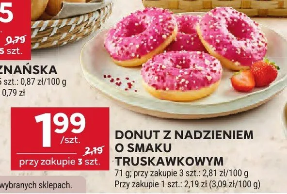Donut z nadzieniem o smaku truskawkowym promocja w Stokrotka