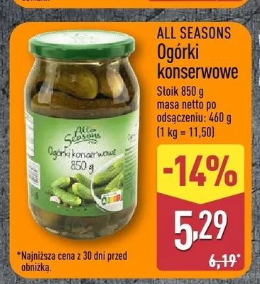 Ogórki konserwowe All Seasons promocja w Aldi