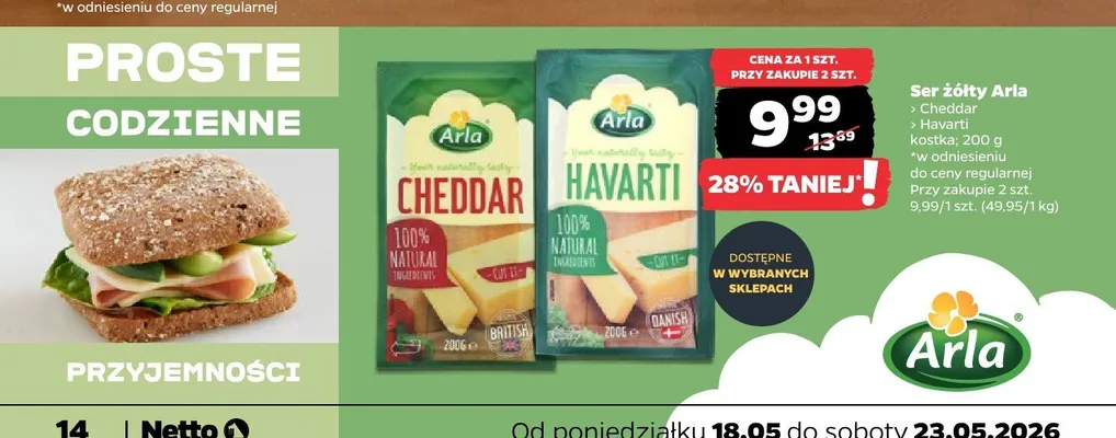Ser żółty Arla Havarti kostka promocja w Netto