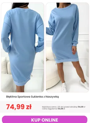Sukienka sportowa błękitna z naszywką ModnaKiecka.pl promocja w Modna Kiecka