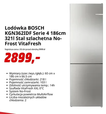 Lodówka Bosch KGN362IDF Serie 4 186 cm 321 l stal szlachetna No-Frost VitaFresh promocja w Media Markt