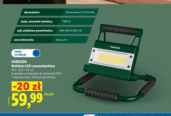 Reflektor LED z powerbankiem Parkside promocja w Lidl