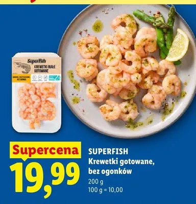 Krewetki białe gotowane bez ogonków SuperFish promocja w Lidl