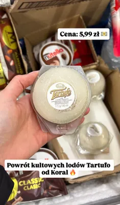 Lody Tartufo o smaku waniliowo-czekoladowym z sosem o smaku ajerkoniaku w otoczce wiórków kokosowych Koral promocja w Dino