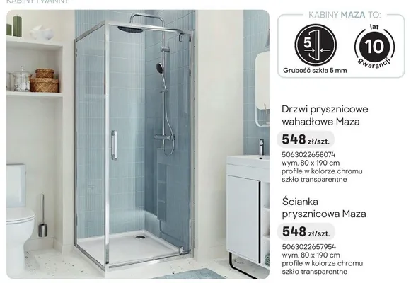 Drzwi prysznicowe wahadłowe Maza chrom 80x190 cm promocja w Castorama