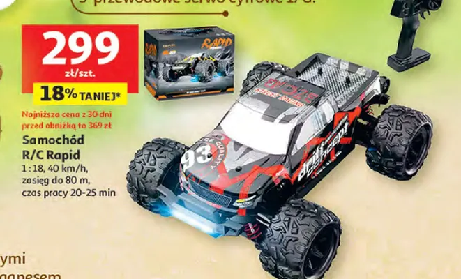 Samochód R/C Rapid 1:18, 40 km/h, zasięg do 80 m, czas pracy 20-25 min promocja w Auchan