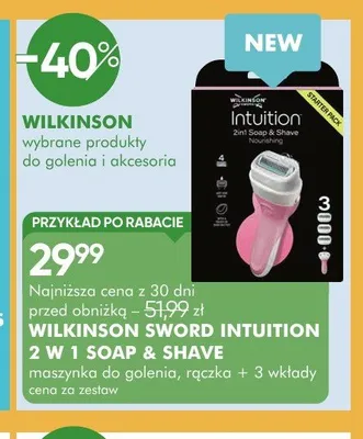 Zestaw maszynka do golenia Wilkinson Sword Intuition 2 w 1 Soap & Shave + 3 wkłady promocja w Super-Pharm